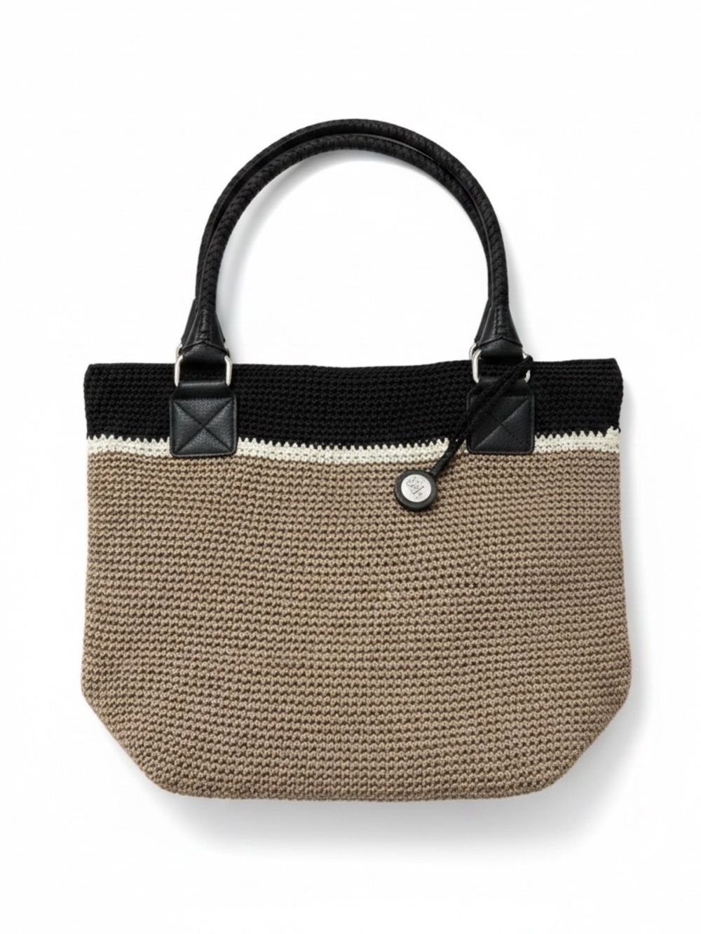 The Sak Cambria Crochet Knit Color Block Tote Handbag Black Tan